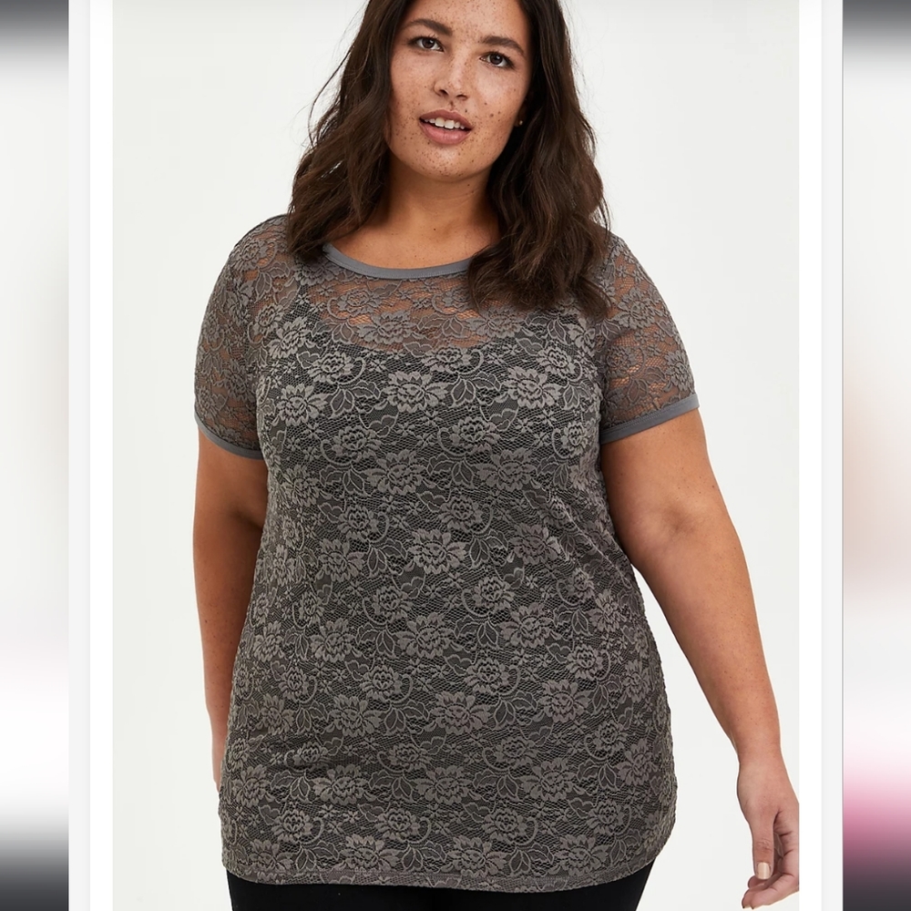 Torrid - Gray lace crew tee. Size 0